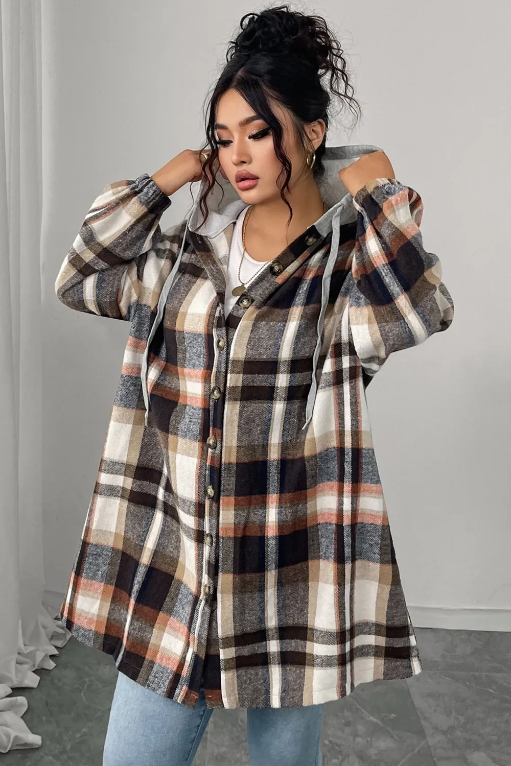 Kero　IRENE Shadow Plaid Jacket Brown Oversized Plaid Hooded Shacket - NEWME
