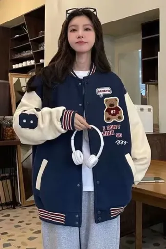 Navy Graphic Oversized Varsity Jacket - NEWME