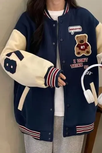Navy Graphic Oversized Varsity Jacket - NEWME