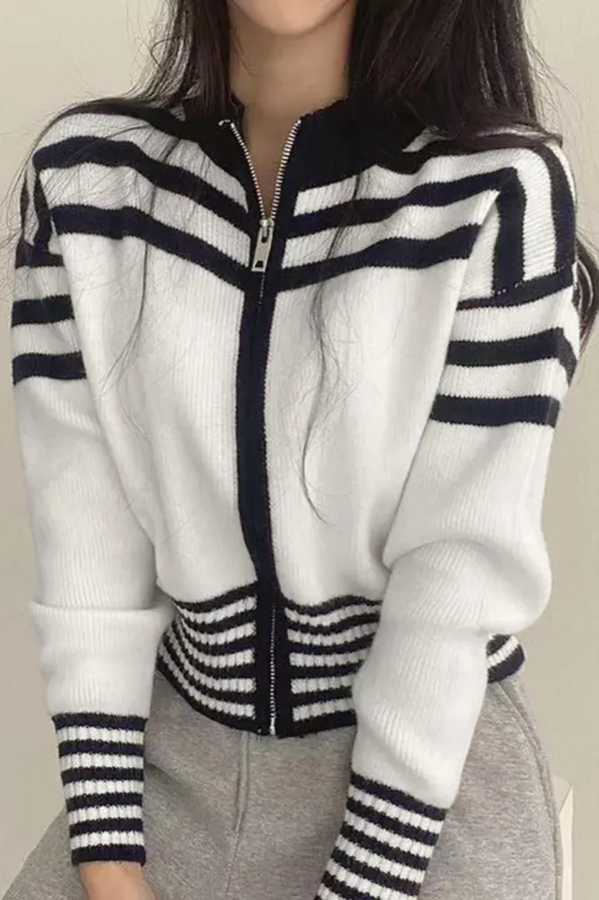 White Striped Zip Collar Cardigan - Image 1