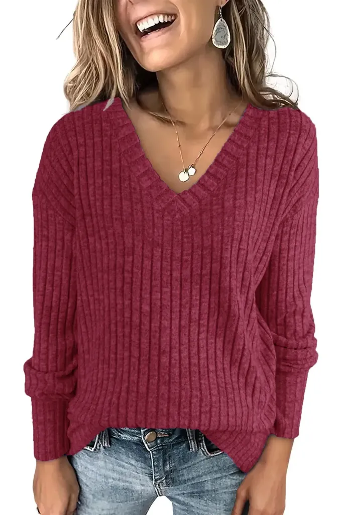 Dark Pink Solid Vneck Sweater - Image 1