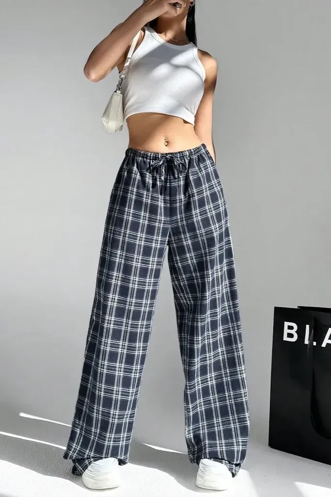 Blue Plaid Mid Rise Tieup Pants - Image 1