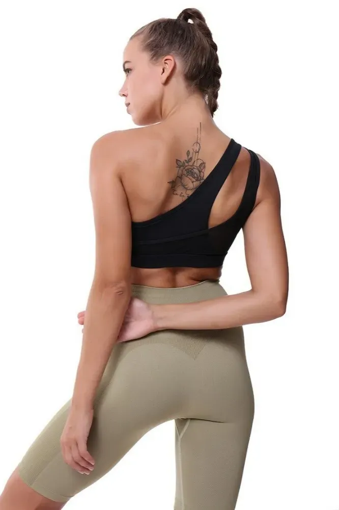 Black One Shoulder Cutout Sports Bra - Image 1