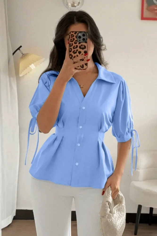 Light Blue Fitted Tieup Shirt - Image 1