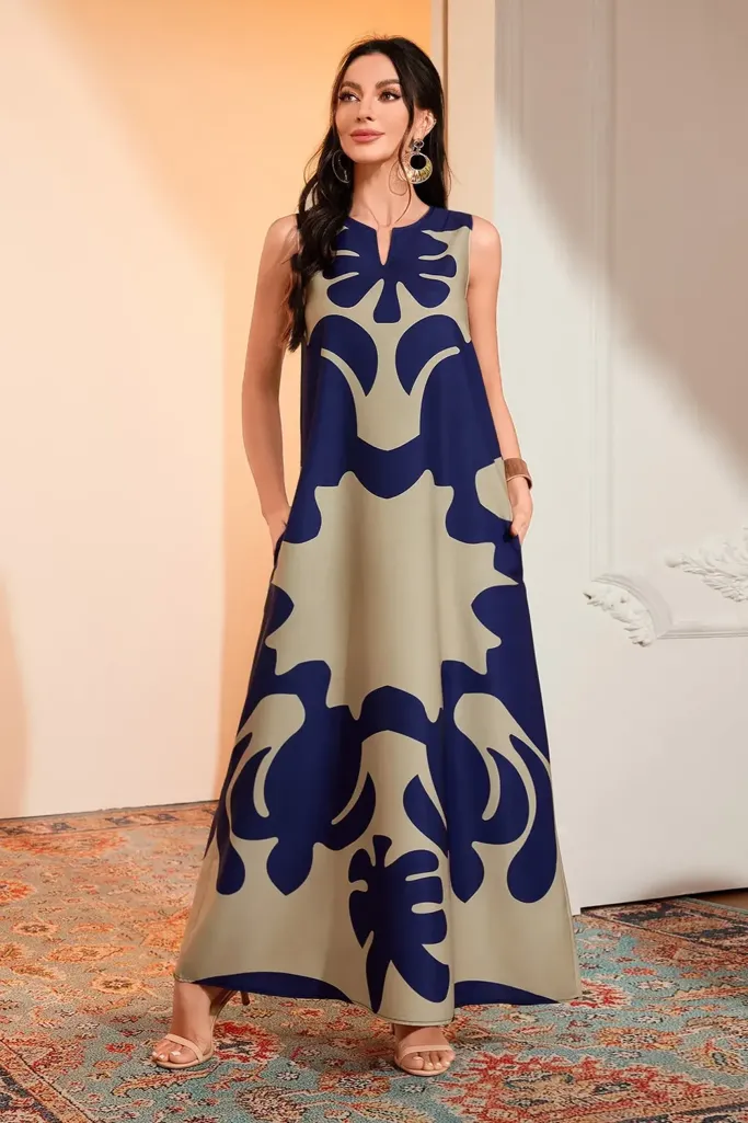 Dark Blue Abstract Maxi Dress - Image 1
