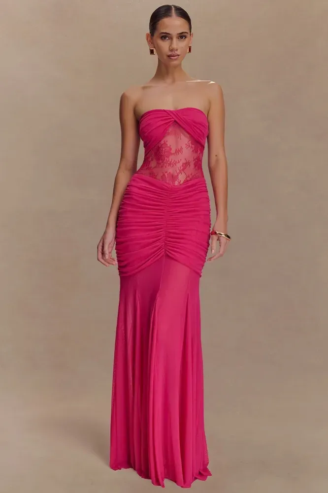 Dark Pink Ruched Tube Mermaid Dress - Image 1