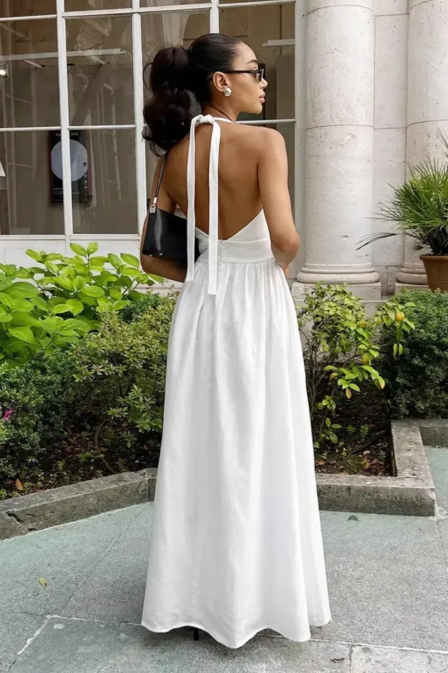White Backless Halter Maxi Dress