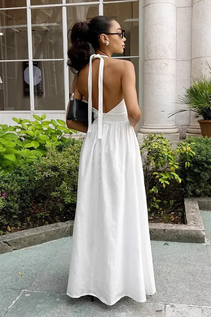 premium white woven tie halter neck dress Ladies - White Drawstring-Detail Halterneck Dress - Size: XL