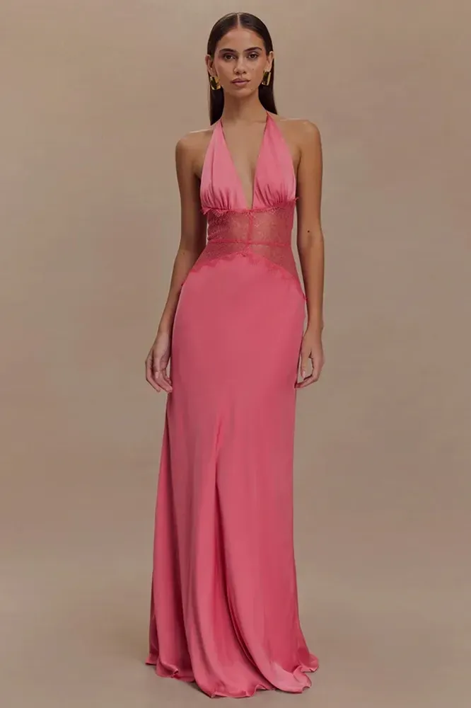 Pink Halter Neck Lace Maxi Dress - Image 1