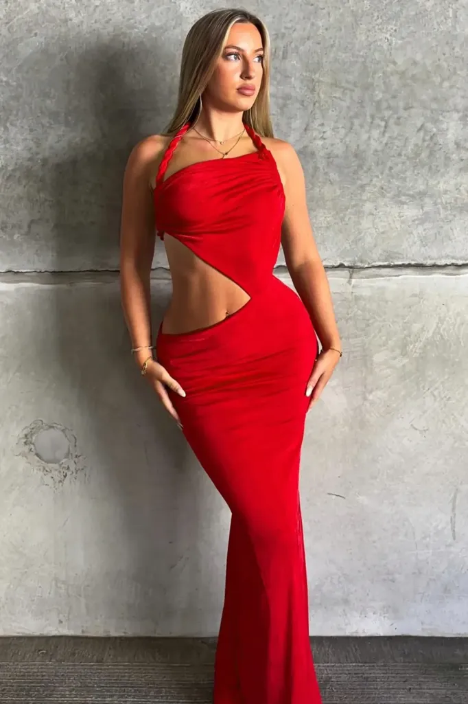 Red Halter Neck Cutout Maxi Dress - Image 1