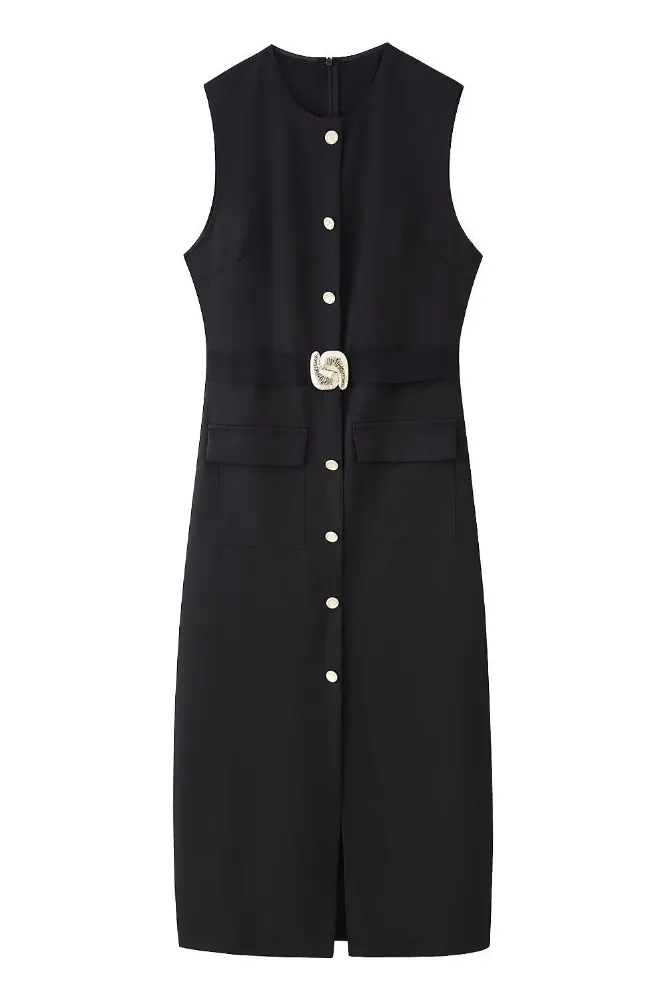 Black Round Neck Buttoned Maxi Dress - Image 1