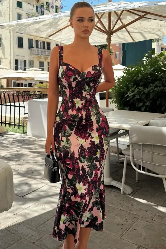 Sweetheart Neck Fruit Print Midi Dress - Image 1