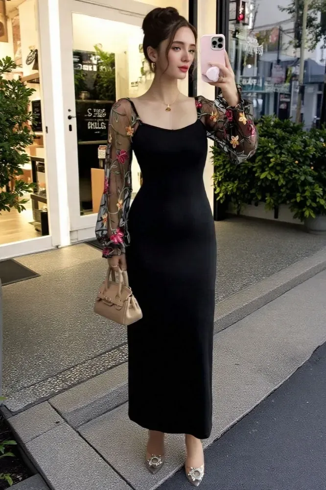 Black Square Neck Bodycon Maxi Dress - Image 1