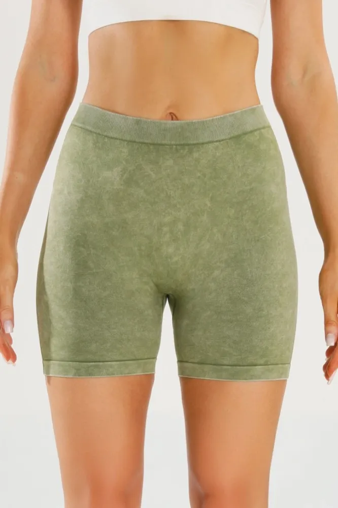 Green Ruched Midrise Sports Shorts - Image 1