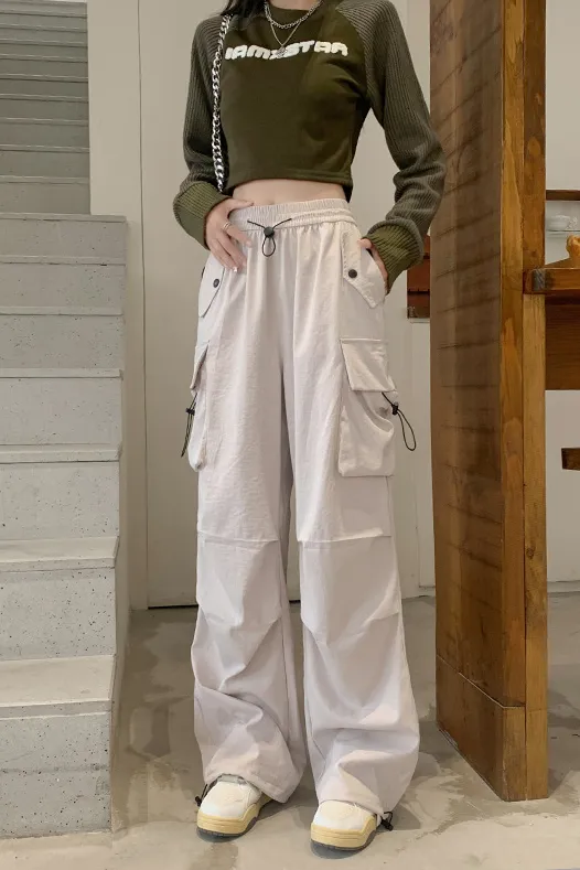 Light Grey Solid High Rise Cargo Pants - Image 1
