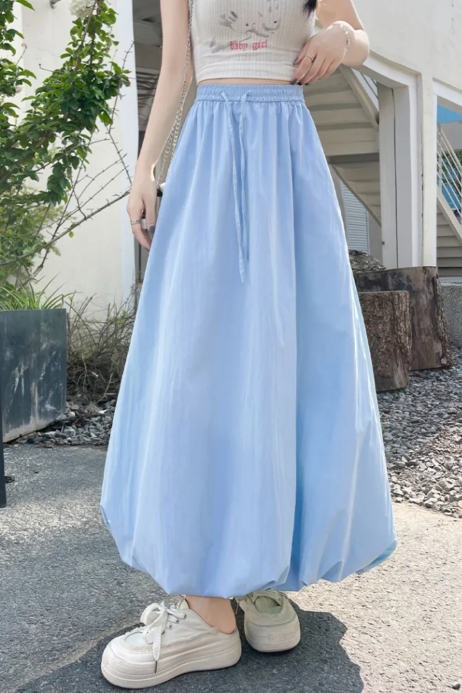 Light Blue Solid Bubble Hem Maxi Skirt