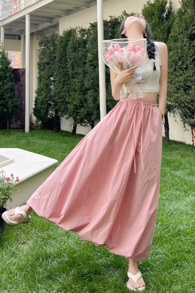 Pink Solid Bubble Hem Maxi Skirt