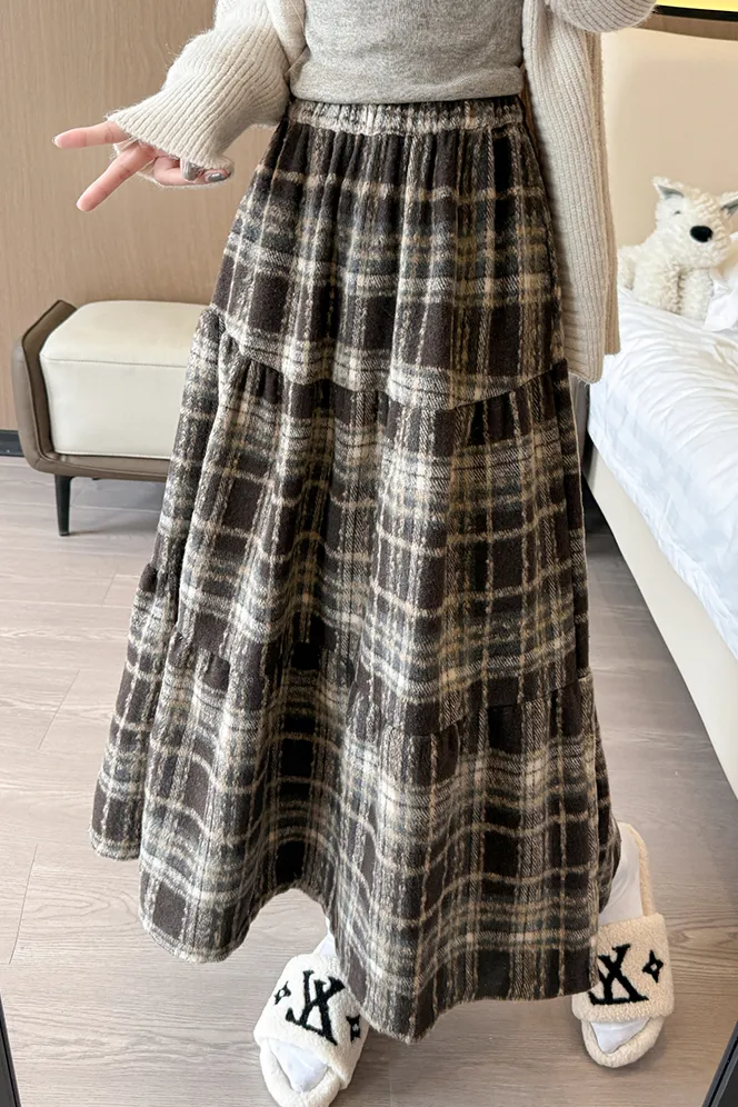 Dark Brown Check Tiered Maxi Skirt - Image 1