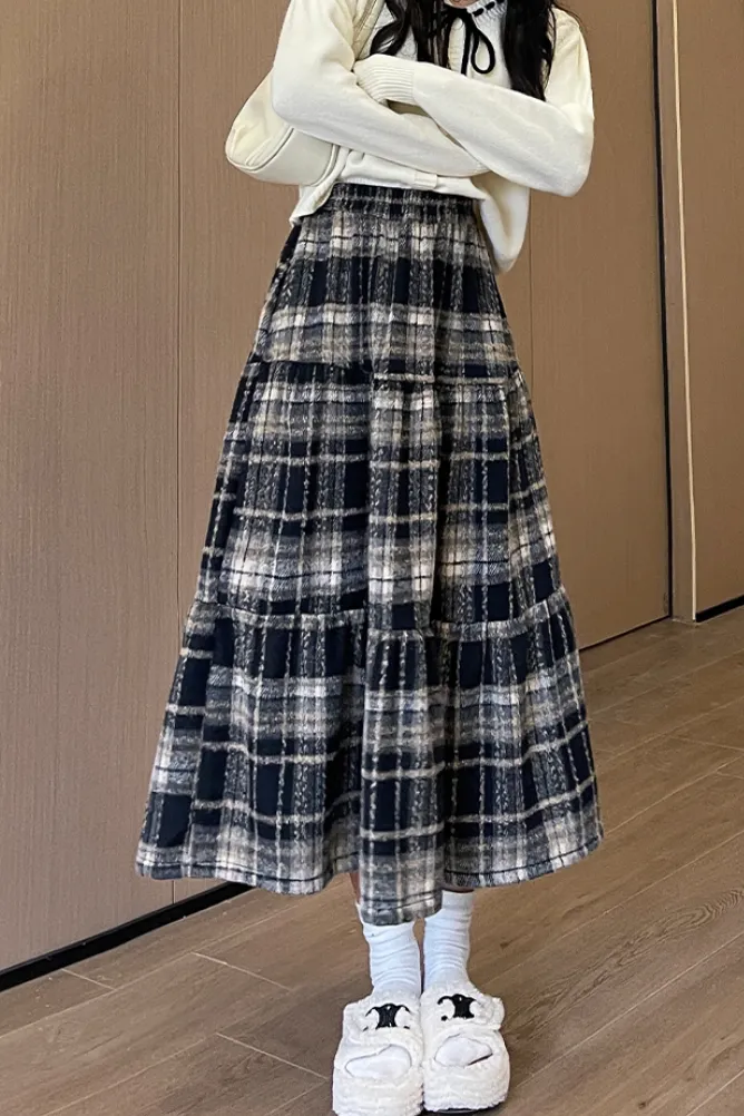 Black Check Tiered Maxi Skirt - Image 1