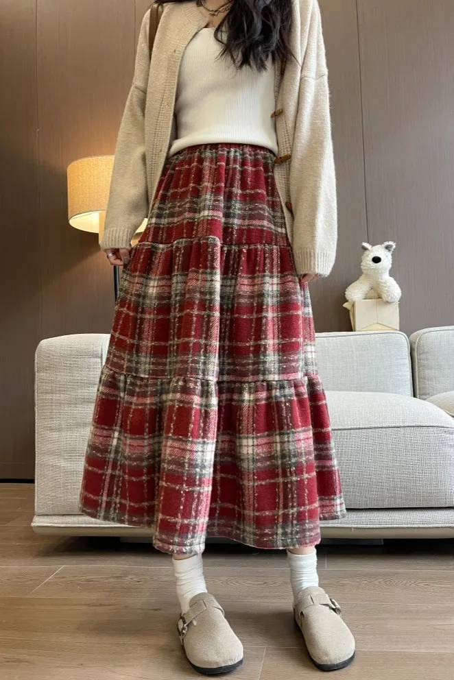 Red Check Tiered Maxi Skirt - Image 1