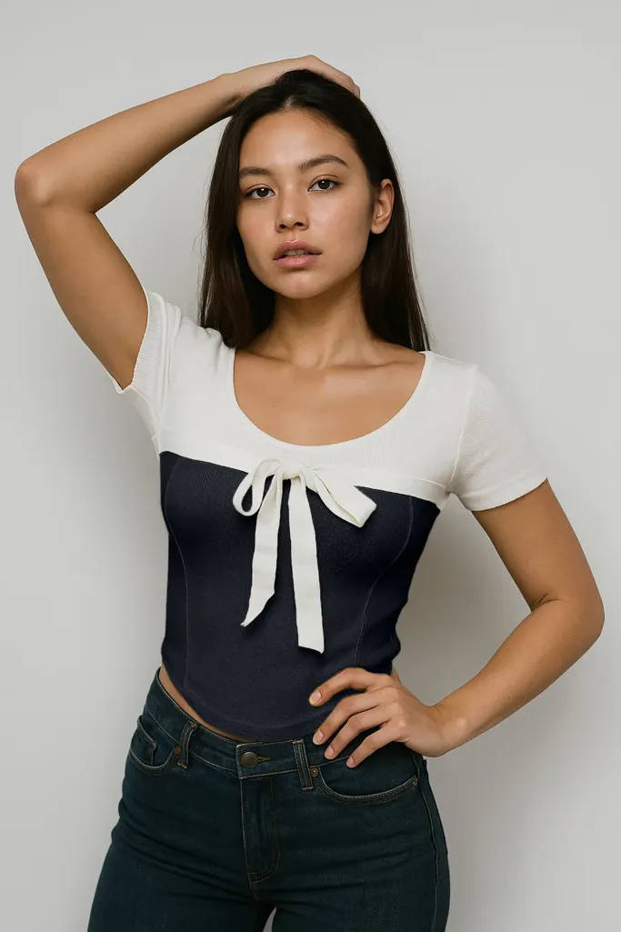 Black Colourblocked Round Neck Tieup Top - Image 1