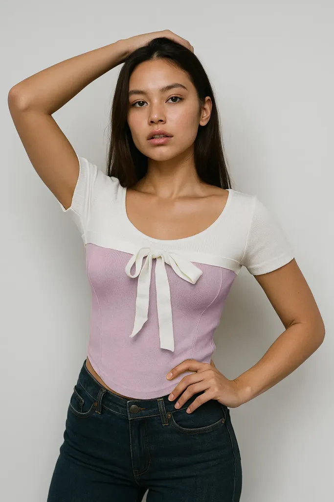 Lavender Colourblocked Round Neck Tieup Top - Image 1