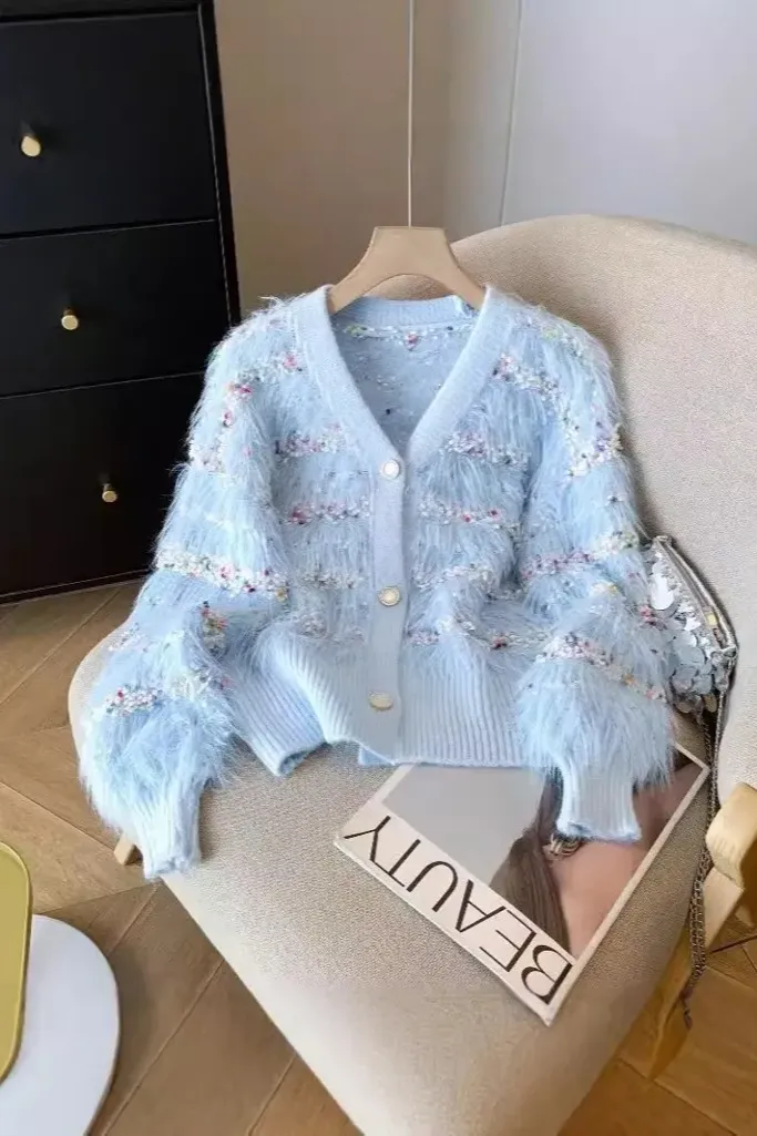 Blue Textured Vneck Buttoned Cardigan - Image 1