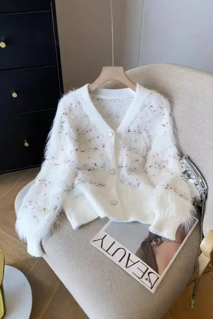 White Textured Vneck Buttoned Cardigan - Image 1