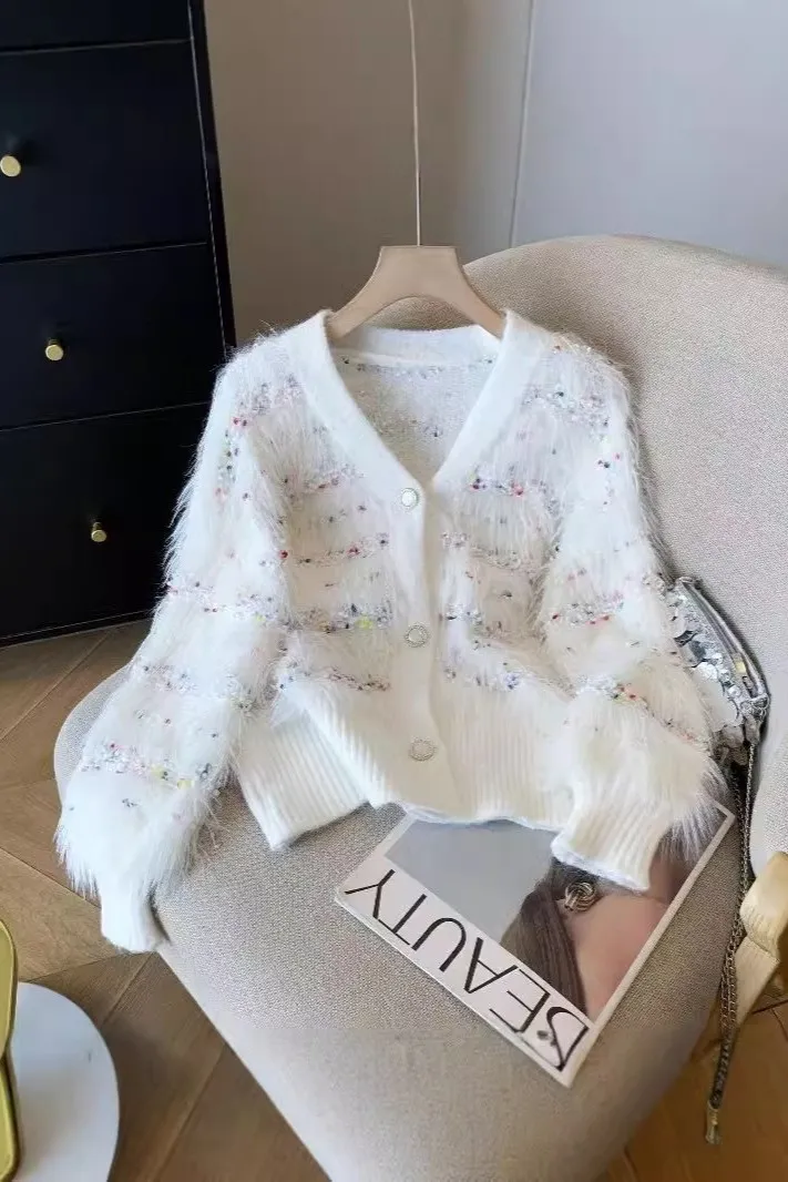 White Textured Vneck Buttoned Cardigan