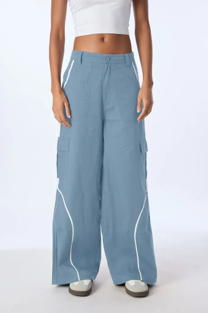Blue Solid Mid Rise Cargo Pants - Image 1