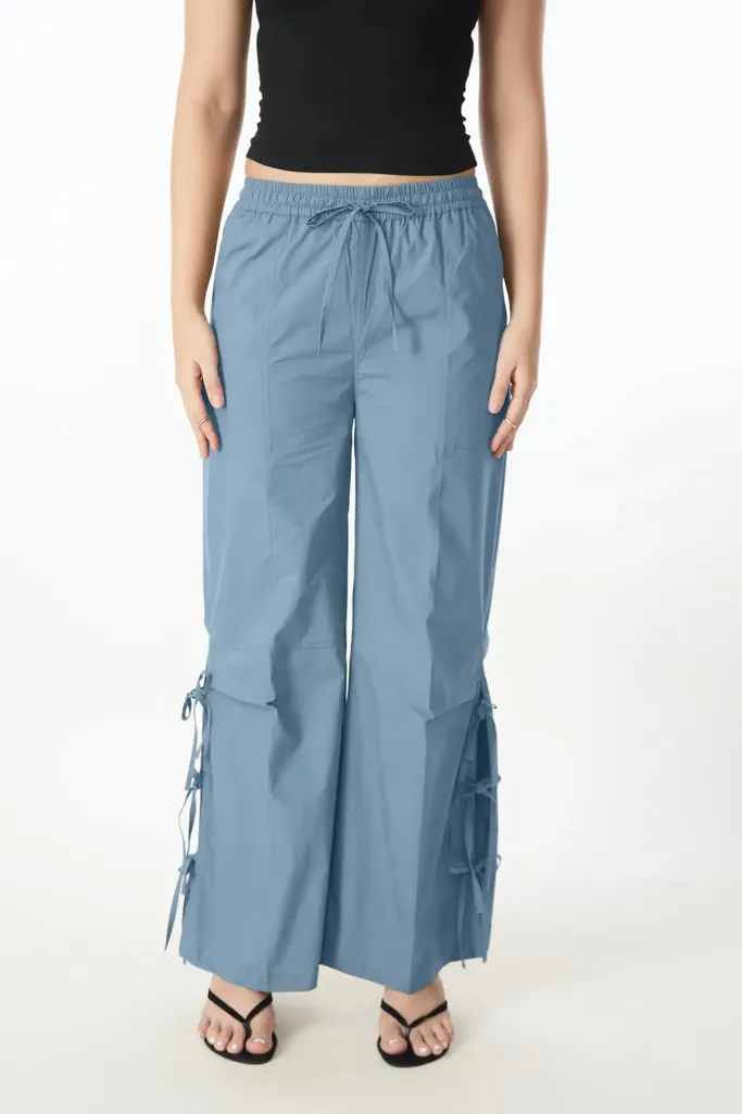 Blue Solid Mid Rise Tieup Detail Pants - Image 1