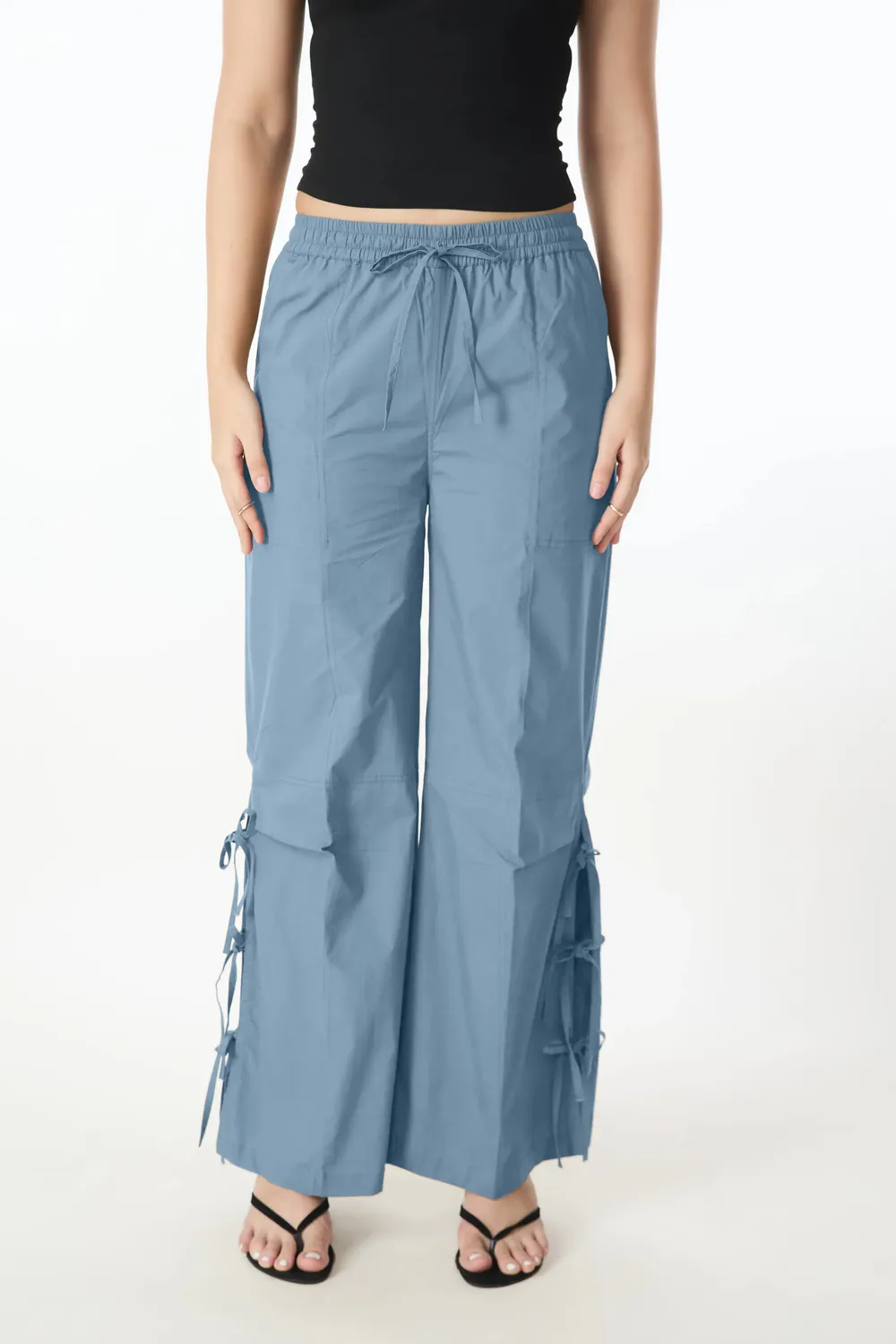 Blue Solid Mid Rise Tieup Detail Pants