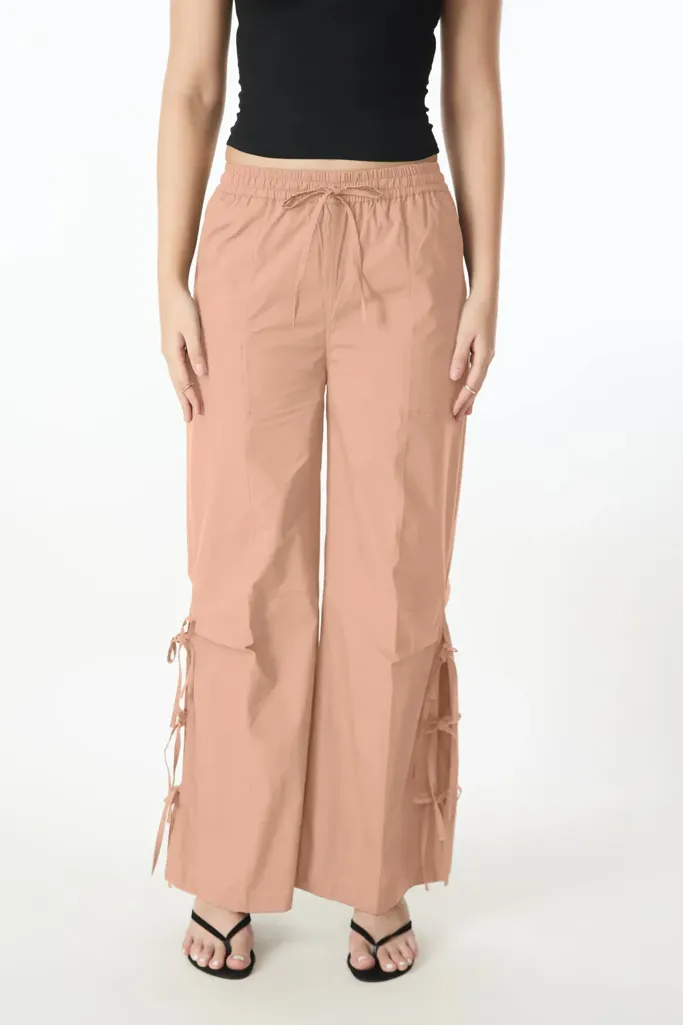 Peach Solid Mid Rise Tieup Detail Pants - Image 1