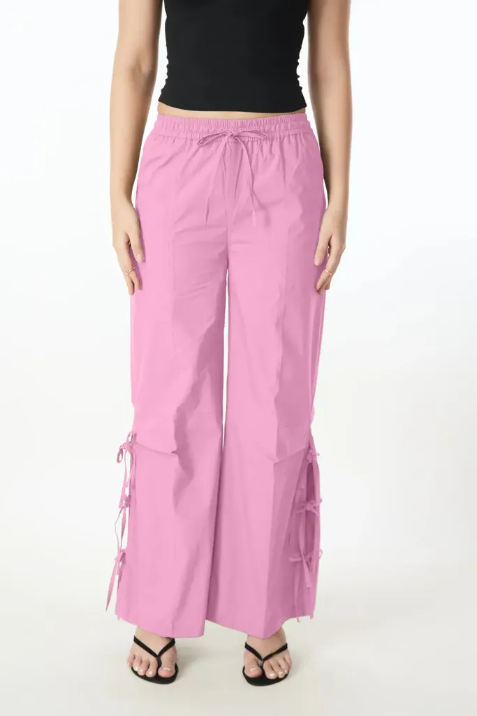Pink Solid Mid Rise Tieup Detail Pants - Image 1