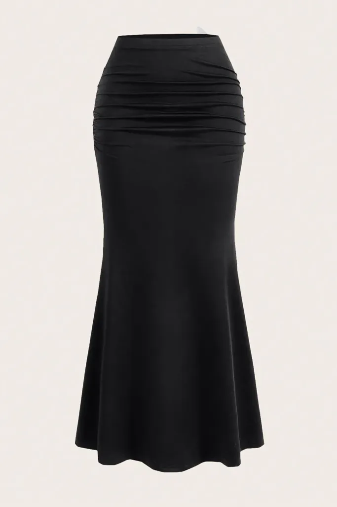 Black Solid High Rise Trumpet Skirt - Image 1