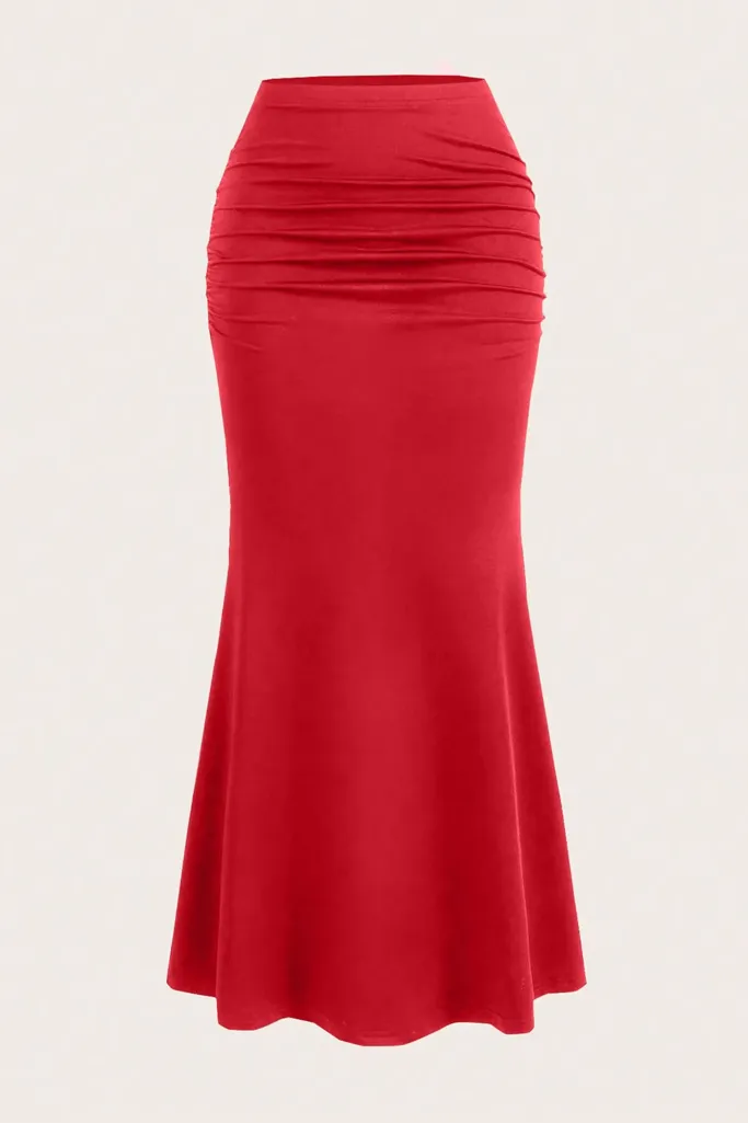 Red Solid High Rise Trumpet Skirt - Image 1