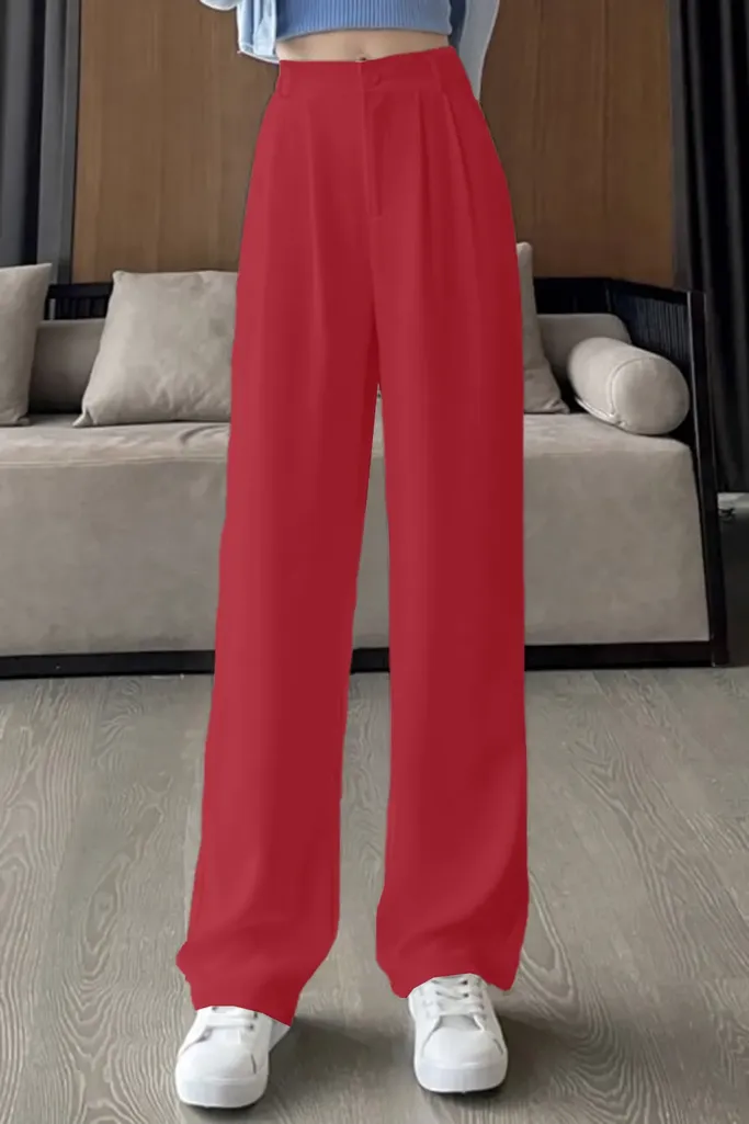 Red Solid High Rise Formal Pants - Image 1