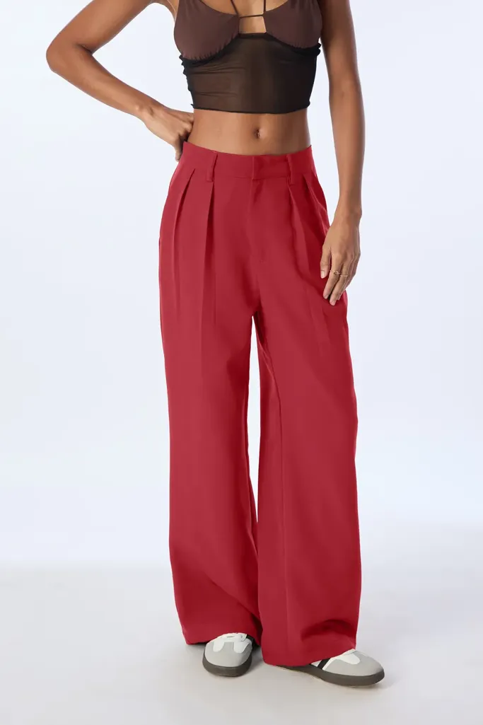 Red Solid High Rise Formal Pants - Image 1