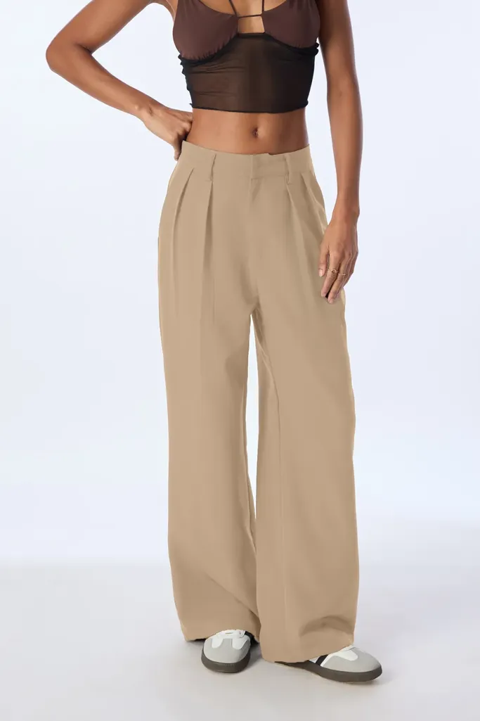 Beige Solid High Rise Formal Pants - Image 1