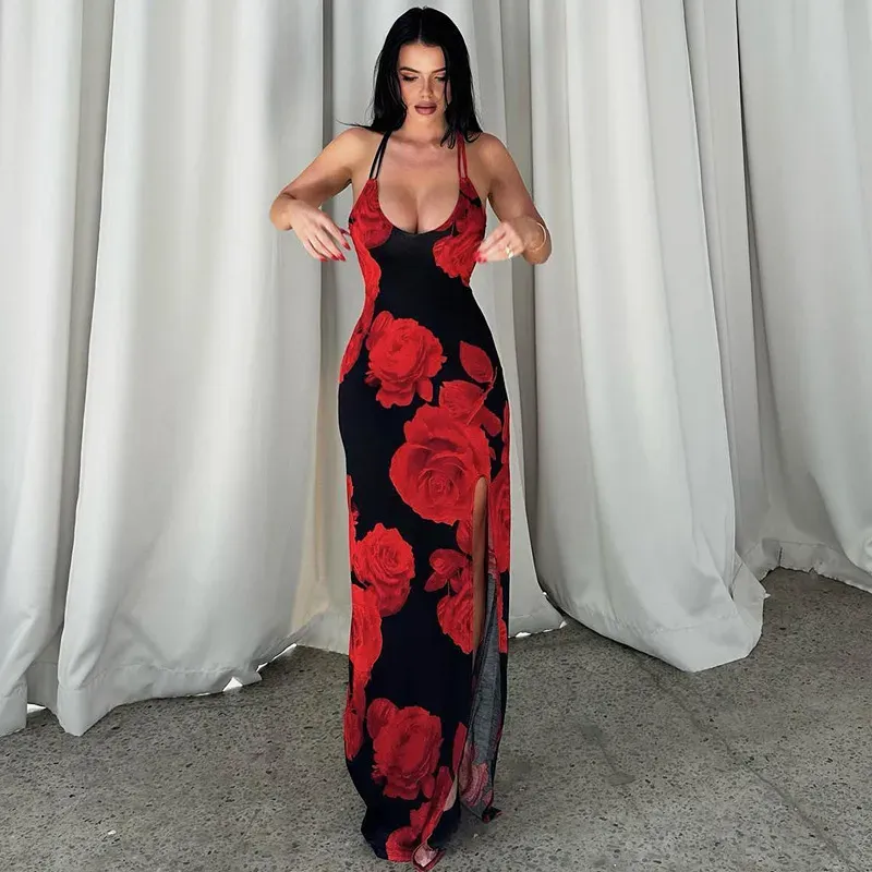 striped dress blue and black Väme Strapless Oceana Maxi Print Dress — Black Bias-Cut Gown with Red Floral  Print and Sheer Lower Skirt – Väme