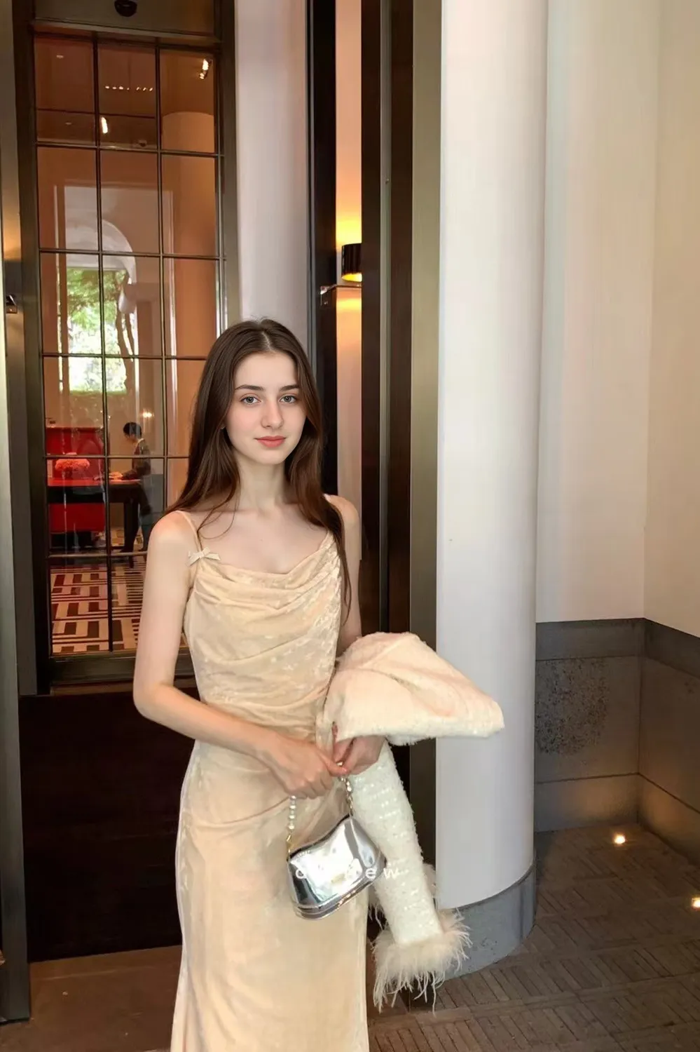 cream shimmer dress Women's Petite Cream Sequin Sheer Knit Ruffle Hem Scoop Neck Maxi Dress