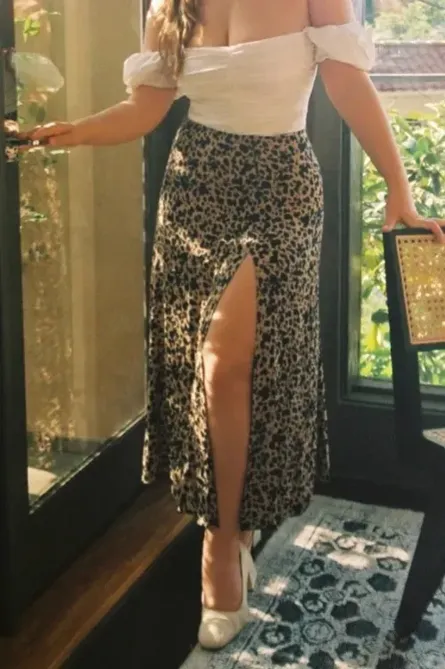 Black Leopard Print Slit Midi Skirt - NEWME