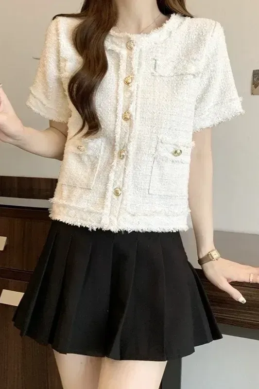 White Textured Button Down Tweed Jacket - Image 1