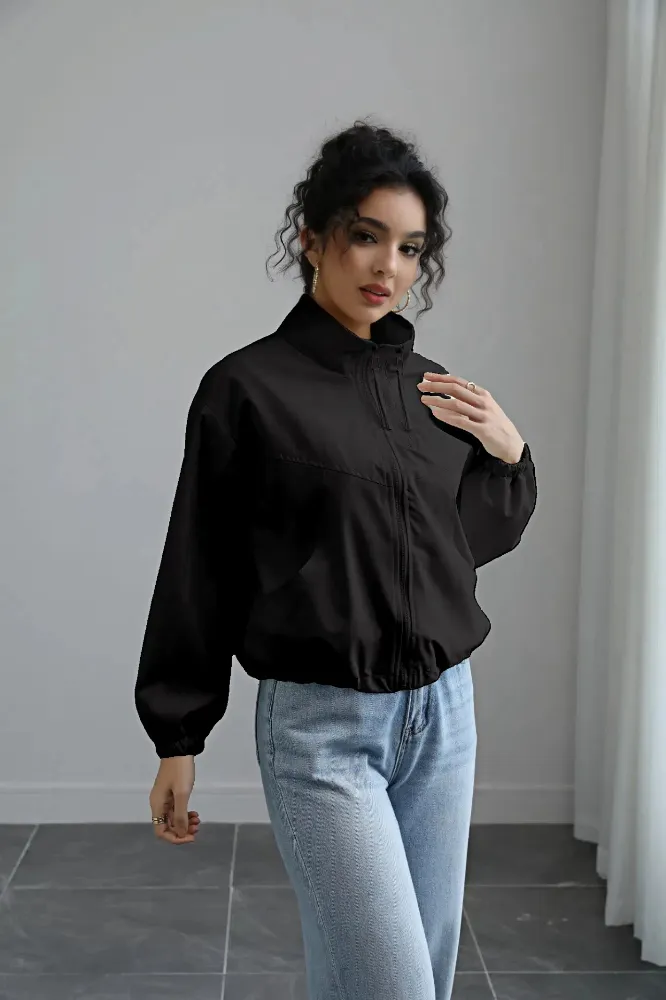 ジャケット・アウター fekete high-neck jacket Black High Neck Windcheater Jacket - NEWME