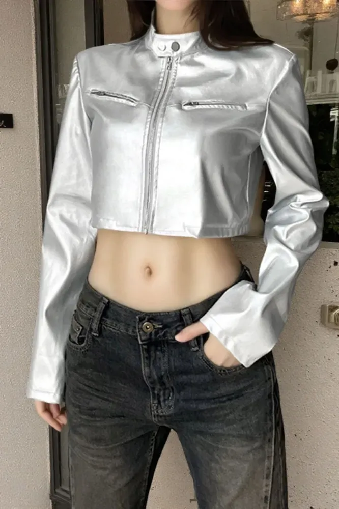Silver PU Crop Jacket - Image 1