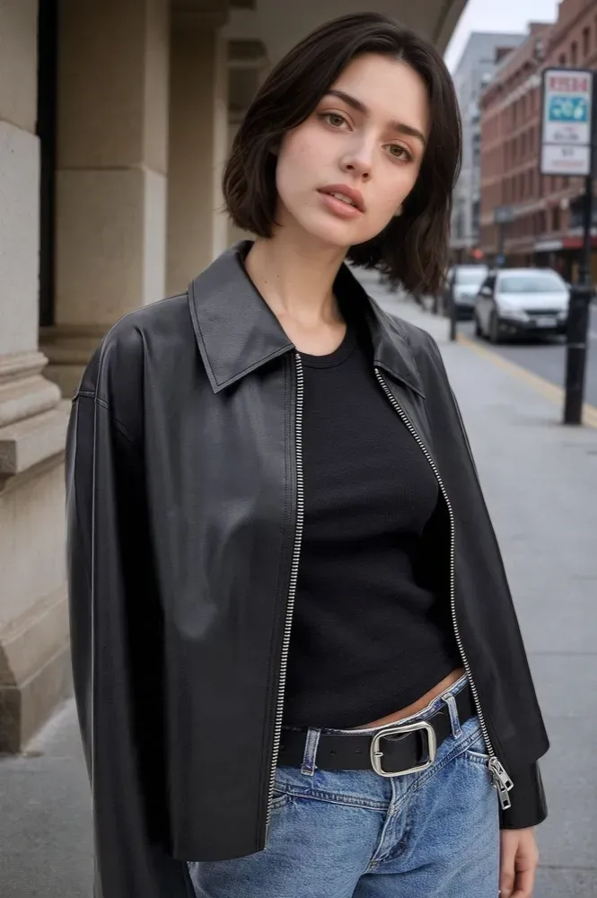 Black Solid PU Jacket - Image 1