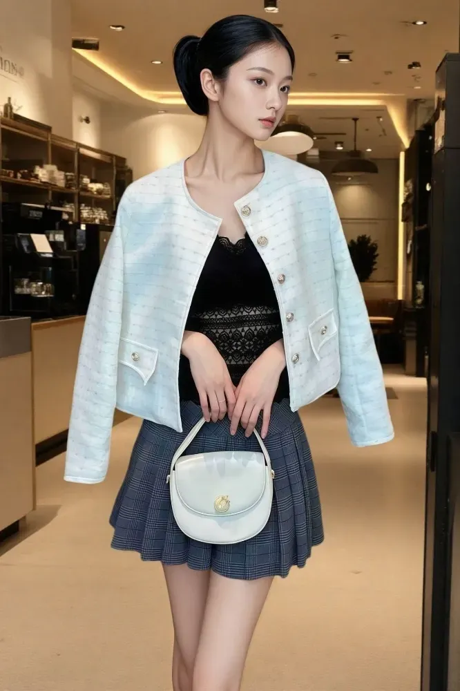 White Round Neck Buttoned Blazer - Image 1