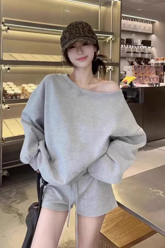 Light Grey Oversized Off Shoulder Sweatshirt - Image 1