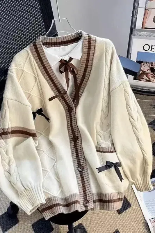 Cream Buttoned Vneck Cardigan