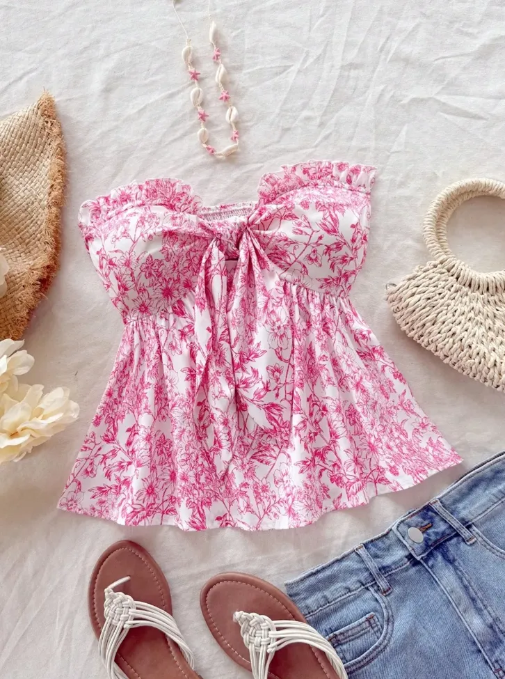 Dark Pink Floral Peplum Tube Top - Image 1